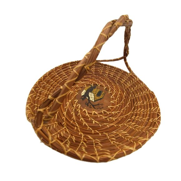 VTG Handcrafted Coiled Pine Needle Basket With Twisted Handles & Hand Painted - Picture 10 of 13